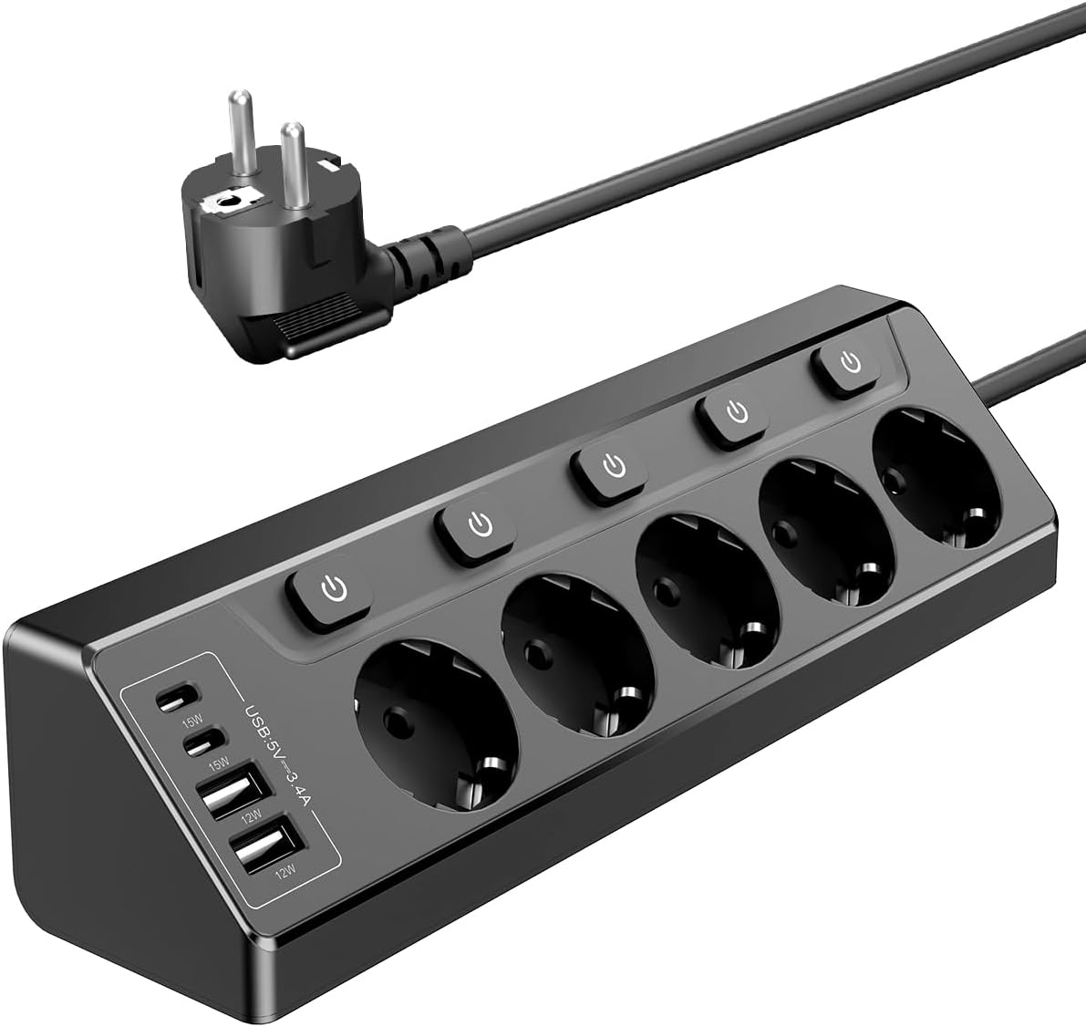Ecksteckdose Mit Unabhängigem Schalter, Steckdosenleiste Mit 4 Usb (2 Usb C)+5 Fach Steckdose Mit Kindersicherung, 3680w, 2m Verlängerungskabel Für Küche, Büro, Haushalt (schwarz)