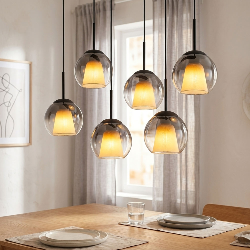 Led Pendelleuchte Hängelampe Esszimmerlampe 6-flammig Schwarz Glas H 120 Cm