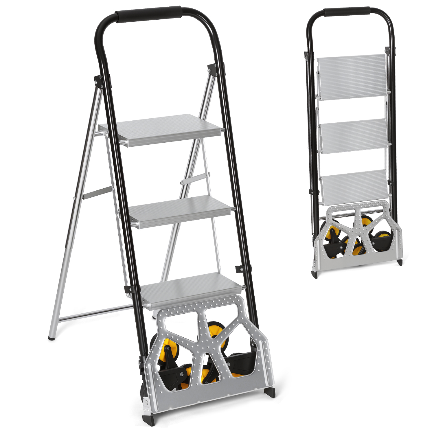 Wolketon Treppensackkarre 2 In 1 Mit 3-stufiger Klappleiter, Faltbare Sackkarre Mit Rollen, 80 Kg Wagenlast, 150 Kg Leiterlast