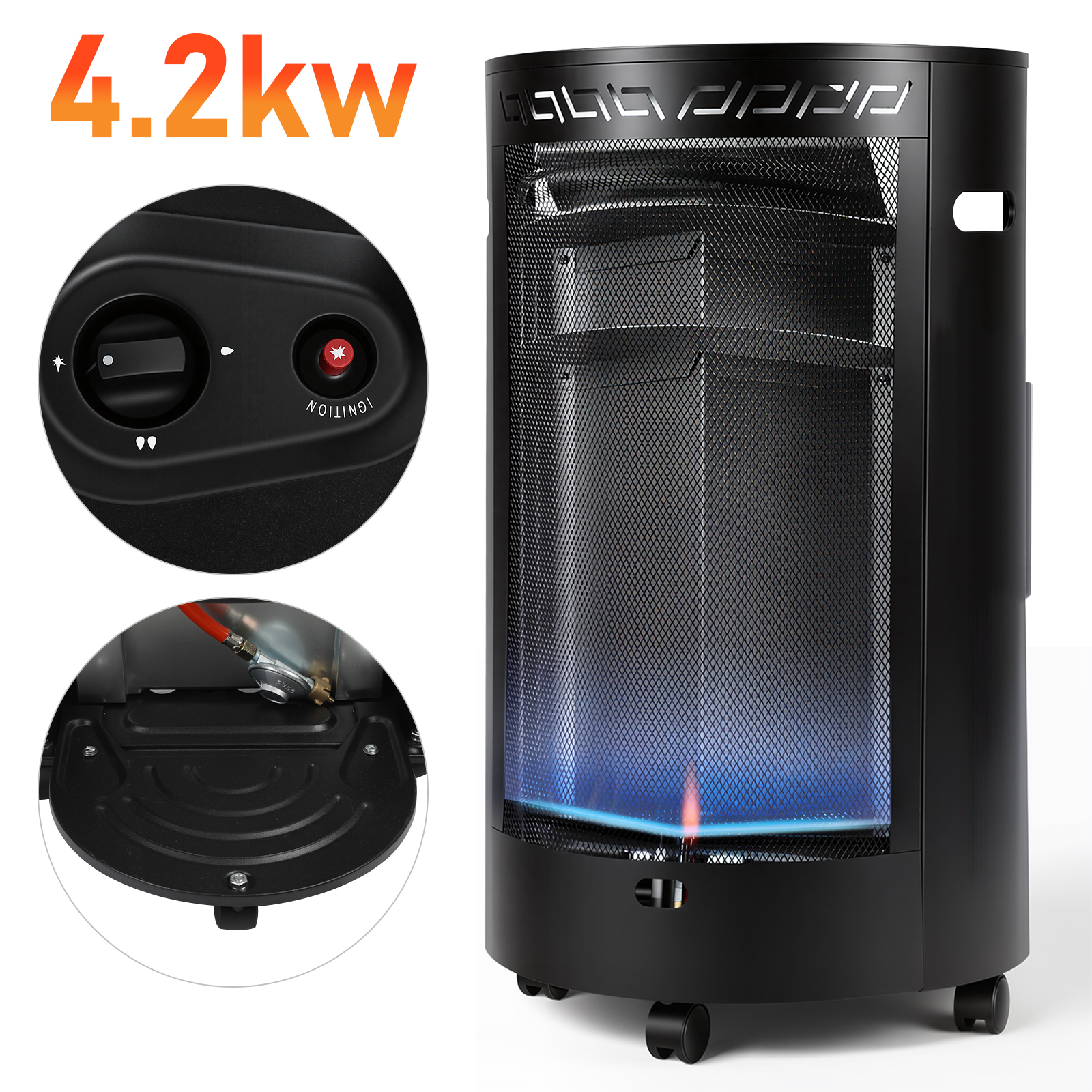 Wolketon Blue Flame Gasheizer 4200w Halbrund, 2 Heizstufen, Ods, Piezozündung, 4 Rollen