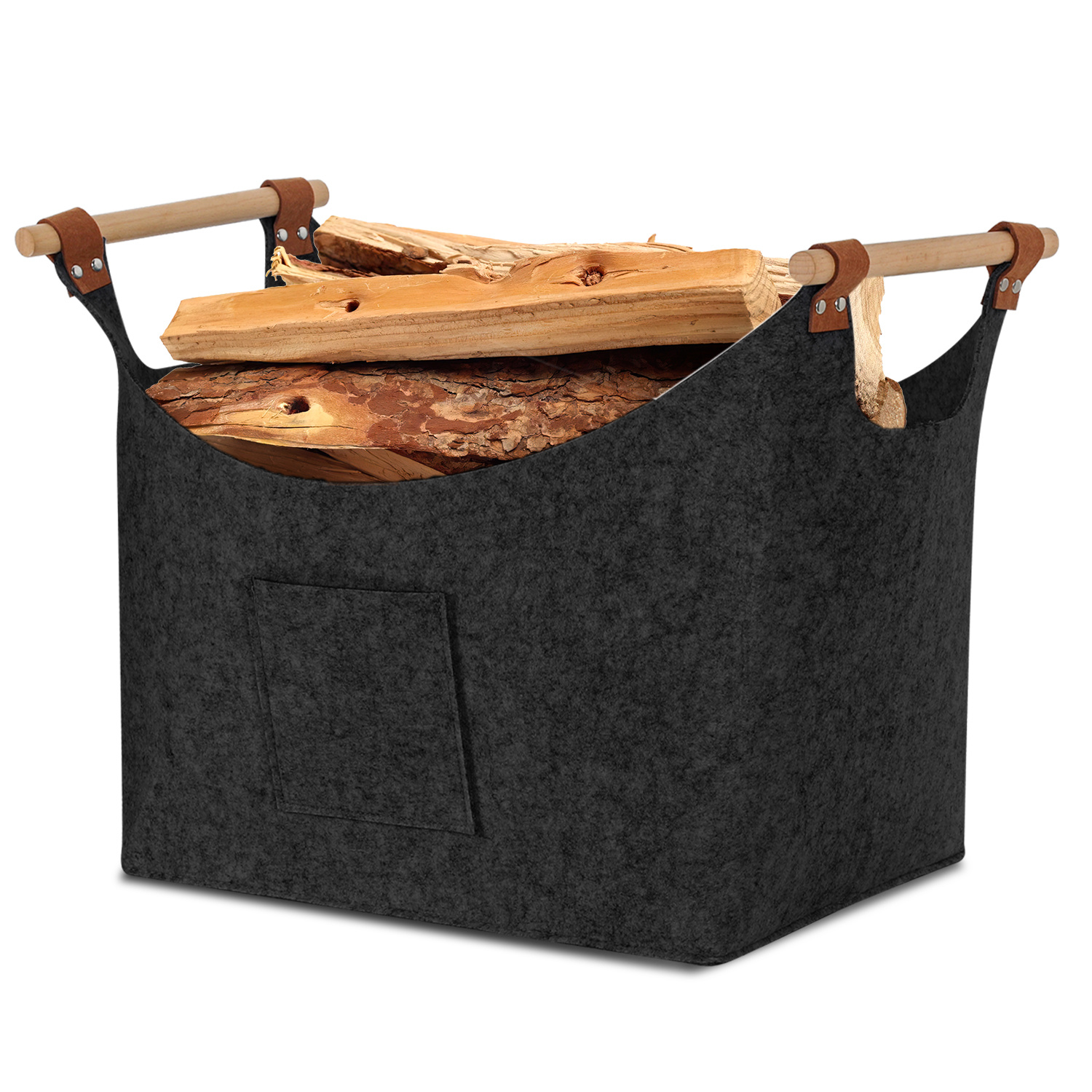 Wolketon Filzkorb Mit Holzgriffen Für Kaminholz, Faltbar, Ca. 57 L, 45 X 40 X 32 Cm, 3 Mm, Dunkelgrau