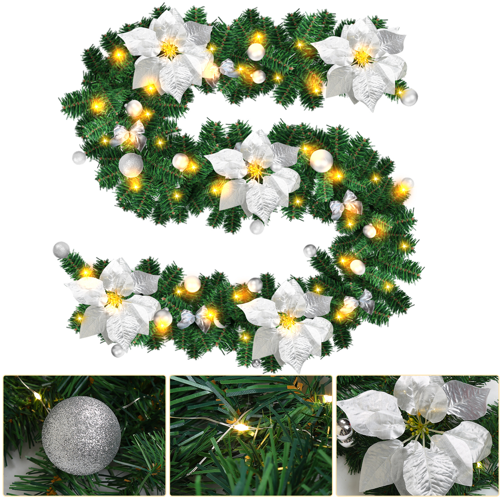 Wolketon Led Weihnachtsgirlande 2,7 M, 50 Led Warmweiß, Batteriebox, Silberne Weihnachtsdeko