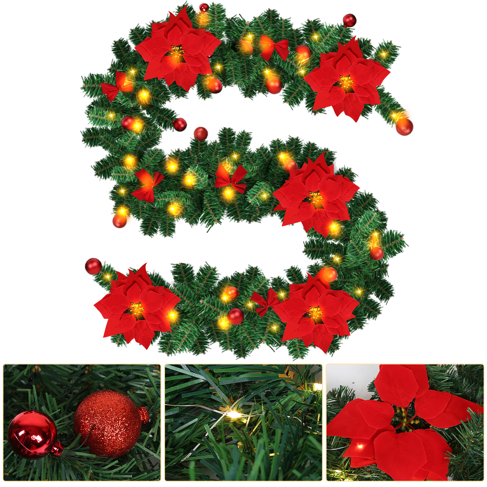 Wolketon Led Weihnachtsgirlande 2,7 M, 50 Led Warmweiß, Batteriebox, Rote Weihnachtsdeko