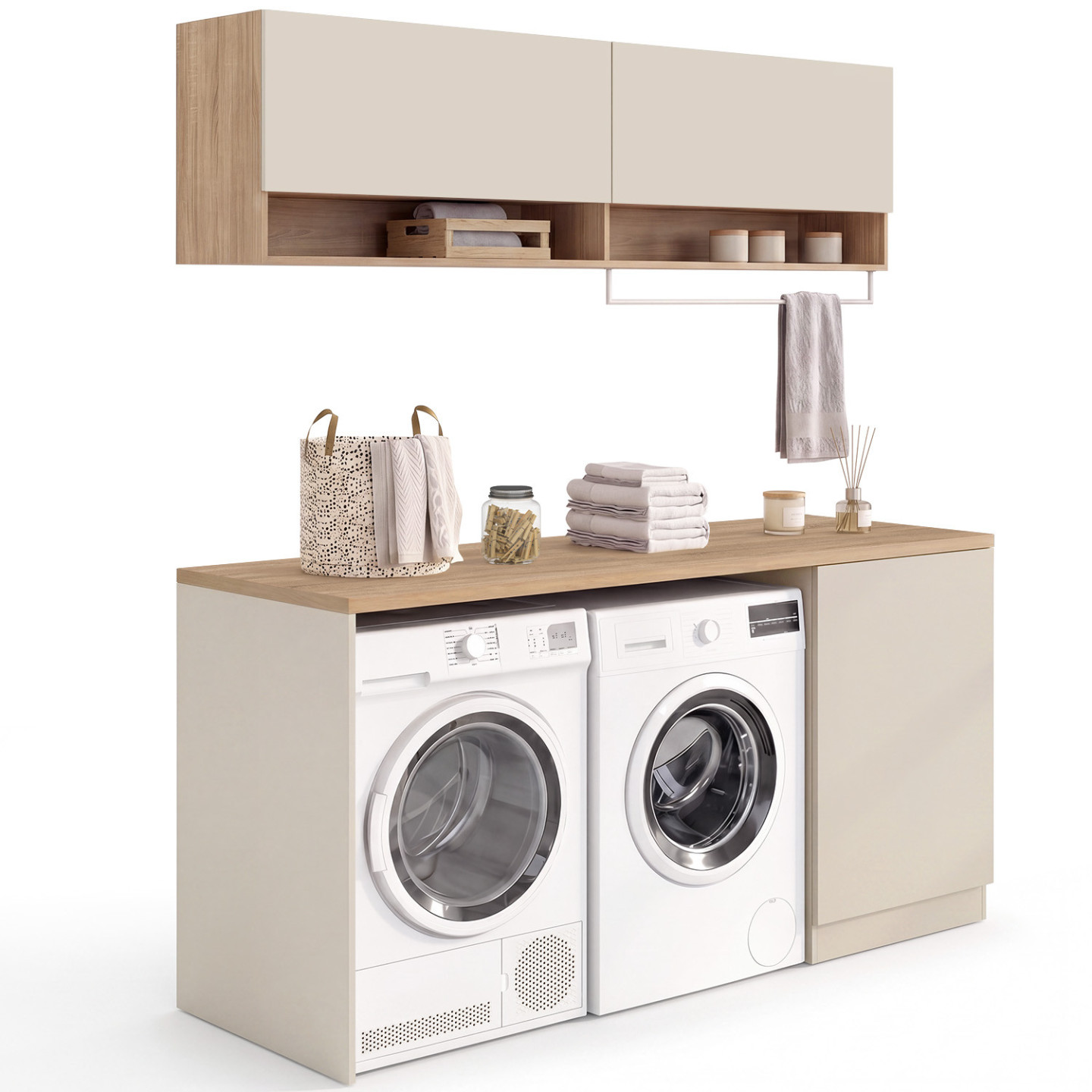 Tomi-waschküchenmöbel Für Waschmaschine Und Wäschetrockner Mit Arbeitsplatte (l 180 Cm) Und Schränken In Beige Und Holzoptik