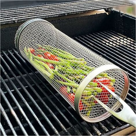 1 Stück Bbq-rollgrillkorb, Zylindrischer Grillkorb Aus Edelstahl, Tragbarer Außengrill, 200 X 90 Mm