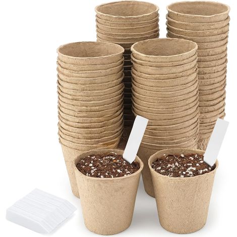 50 Stück 8 Cm Große, Biologisch Abbaubare Anzuchttöpfe, Kleine Pflanztöpfe, Biologisch Abbaubare Umtopftöpfe, Mit 50 Pflanzenetiketten (5 X 1 Cm) – Für Garten, Gemüsebeet, Gewächshaus