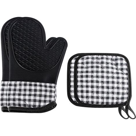 Ofenhandschuhe Und Topflappen, Küchenhandschuhe, Hitzebeständige Ofenhandschuhe, Rutschfeste Grillhandschuhe Mit Baumwollfutter Zum Kochen, Backen, Konditoren Und Grillen, Schwarz