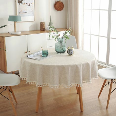 Runde Tischdecke Aus Leinen Und Baumwolle (120 Cm) – Fleckenabweisend Und Waschbar – Dekorative Quasten – Für Esszimmer, Hochzeiten, Geburtstage Und Als Couchtisch