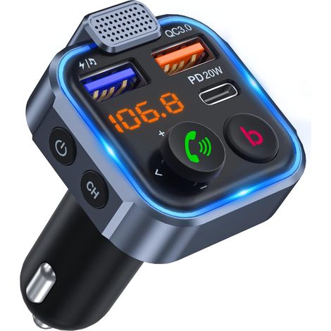 Bluetooth-fm-autoradiosender, Bluetooth 5.0 Zigarettenanzünder-radiosender, 20-w-pd-auto-schnellladegerät Typ C + Qc3.0