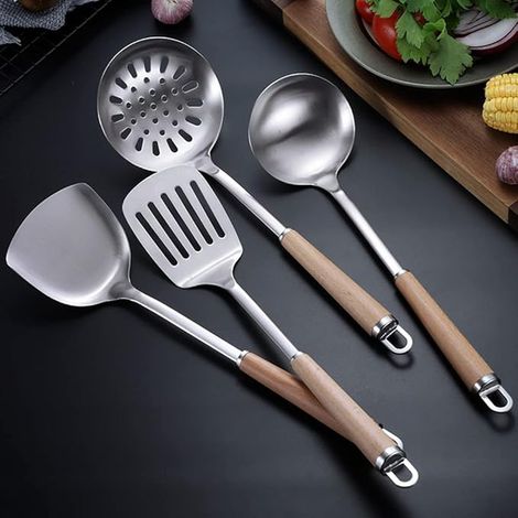 4-teiliges Küchenhelfer-set Aus Edelstahl (304): Pfannenwender, Schöpfkelle, Sieb Und Schaumlöffel Mit Langen, Hitzebeständigen Holzgriffen. (4 Runde Griffe)