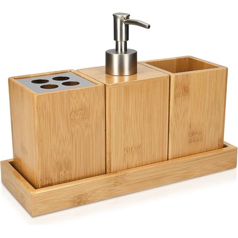 Badezimmer-accessoire-set – 4 Bambus-badezimmeraccessoires – Zahnbürstenhalter – Seifenspender – Becher – Halter