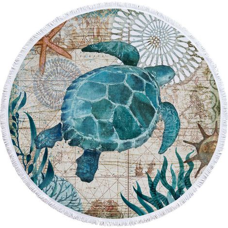 Rundes Mikrofaser-strandtuch, Stranddecke, Badetuch, Yogamatte, Campingdecke, Picknickdecke, 150 Cm (blau-schildkröte)