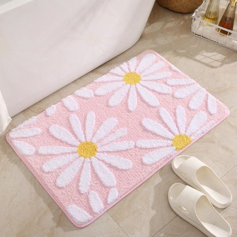 Niedliche Gänseblümchen-badematte – Rutschfest – Waschbar – Weiß-gelbes Blumenmuster – Weiche Mikrofaser – Saugfähig – 50 X 80 Cm, Rosa