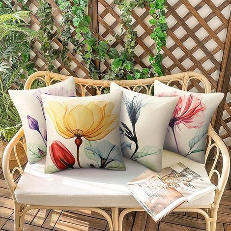 4er-set Kissenbezüge 45x45cm Mehrfarbige Blumen, Moderne Quadratische Kissenbezüge Im Landhausstil Mit Sommerlichen Aquarellpflanzen Für Terrasse, Garten Und Garten
