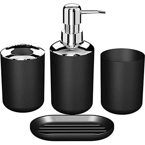 4-teiliges Badezimmer-accessoire-set Aus Kunststoff, Wc-bürsten-set Mit Zahnbürstenhalter Und Zahnbürstenbecher (schwarz)