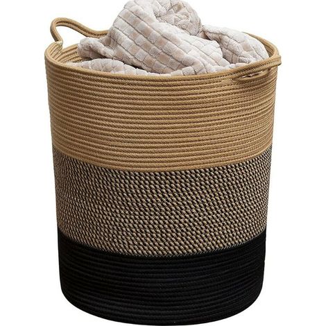 Wäschekorb, Geflochtener Aufbewahrungskorb, Kleideraufbewahrungskorb Aus Baumwollseil, Wäschekorb Mit Gekreuzten Rändern, Schmutzwäschekorb (gelb + Schwarz, Blume + Schwarz, 42 Cm X 45 Cm)