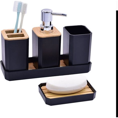5-teiliges Badezimmer-accessoire-set Aus Bambus Mit Lotionflaschen, Zahnbürstenhalter, Zahnbürstenbecher, Seifenschale Und Tablett (schwarz)