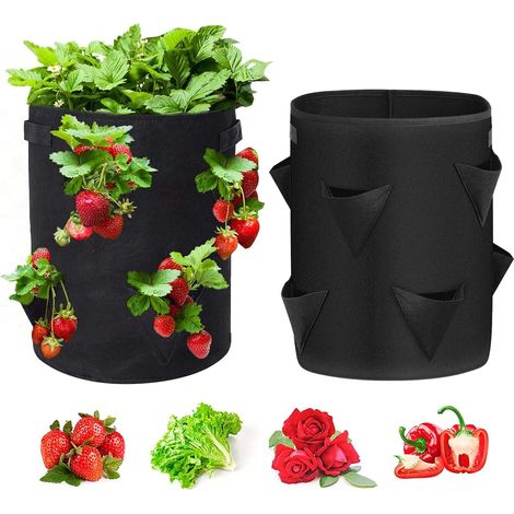 Set Mit 2 Erdbeer-pflanzsäcken, 37,5 Liter, Mit 8 Seitentaschen, Aus Atmungsaktivem Vliesstoff Mit Verstärktem Griff, Für Erdbeeren, Blumen Und Kräuter (schwarz), 3545 Cm