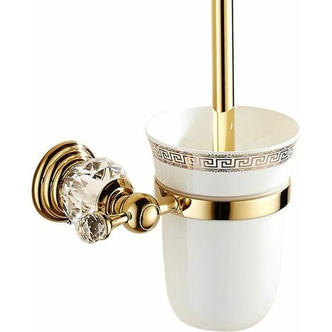 Metallener Wc-bürstenhalter Mit Poliertem Glas Und Passendem Toilettenartikel-set. Goldene Designer-wc-accessoires. Wandmontage, Goldfarben. Europäisches Badezimmer.