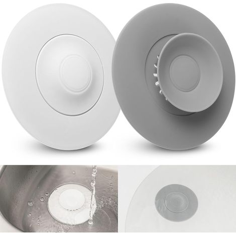 Universeller Abflussstopfen, 2 Stück, Ø 11 Cm, Weiß + Grau, Silikon, Integrierter Filter Für Speisereste Und Haare, Geeignet Für Abflüsse Bis Ø 80 Mm Für Spüle, Waschbecken, Badewanne, Filter