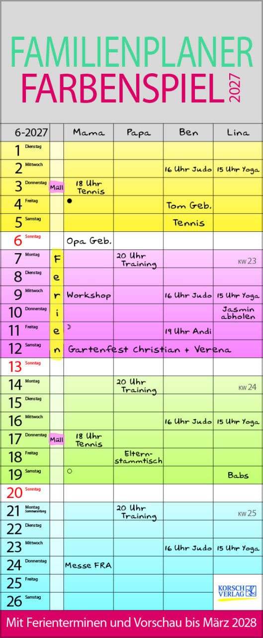 Korsch Kalender Familienplaner 2027 Farbenspiel 19 x 46 cm