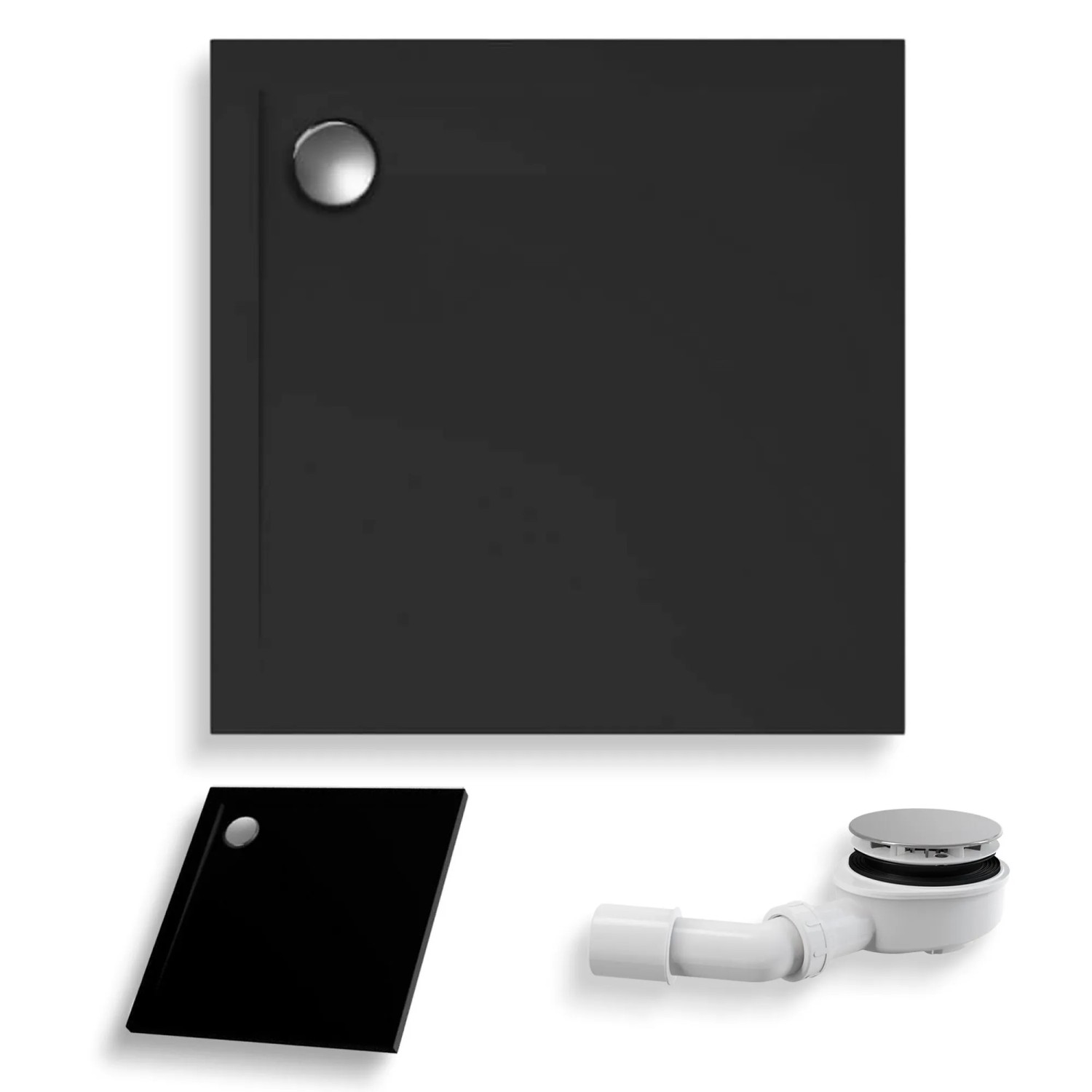 KOLMAN DUSCHWANNE Quadratisch Schwarz Steinoptik 100x100 cm Set mit Ablaufgarnitur