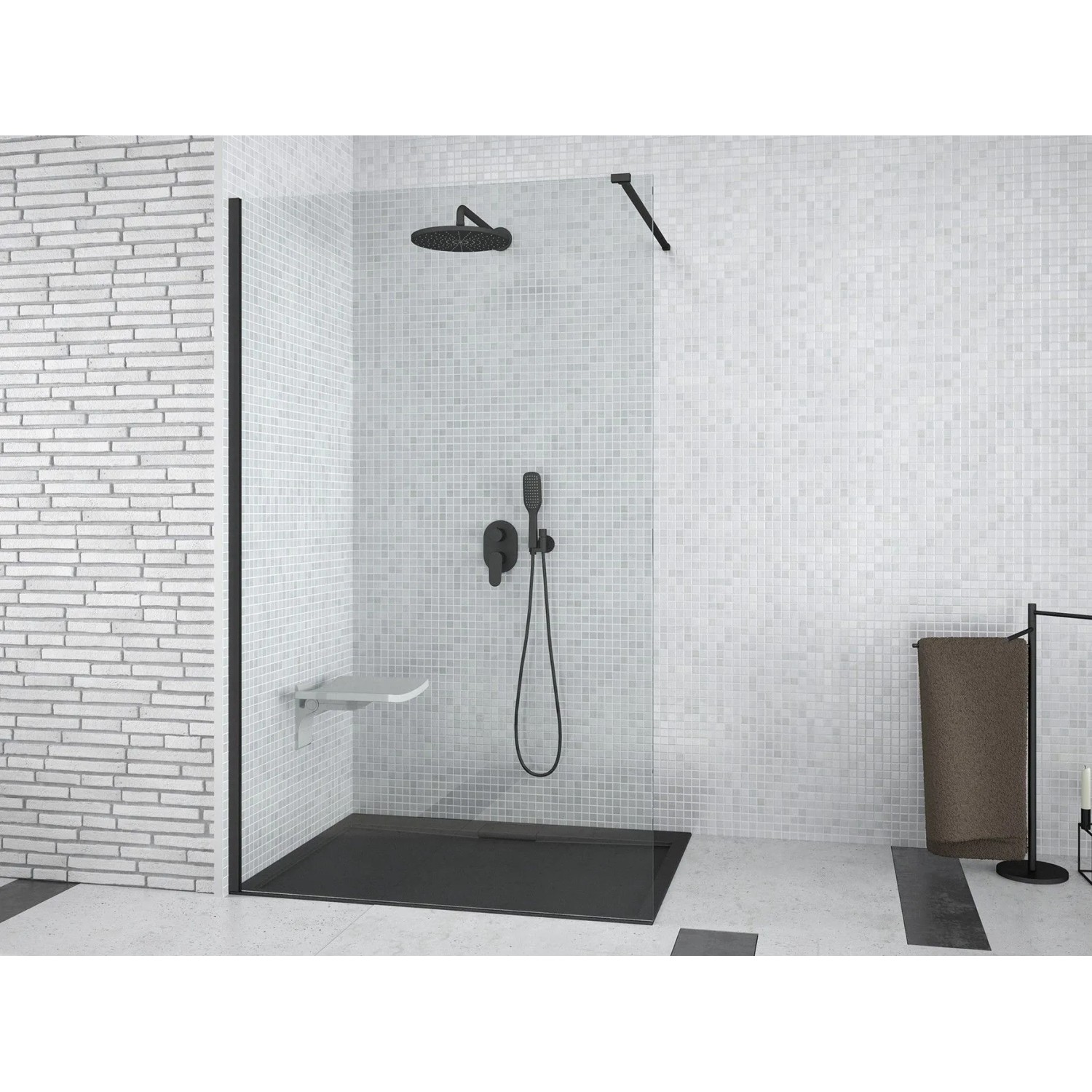 KOLMAN Walk-in-Duschwand BLACK 100 x 195 cm 8 mm Transparentglas Schwarz