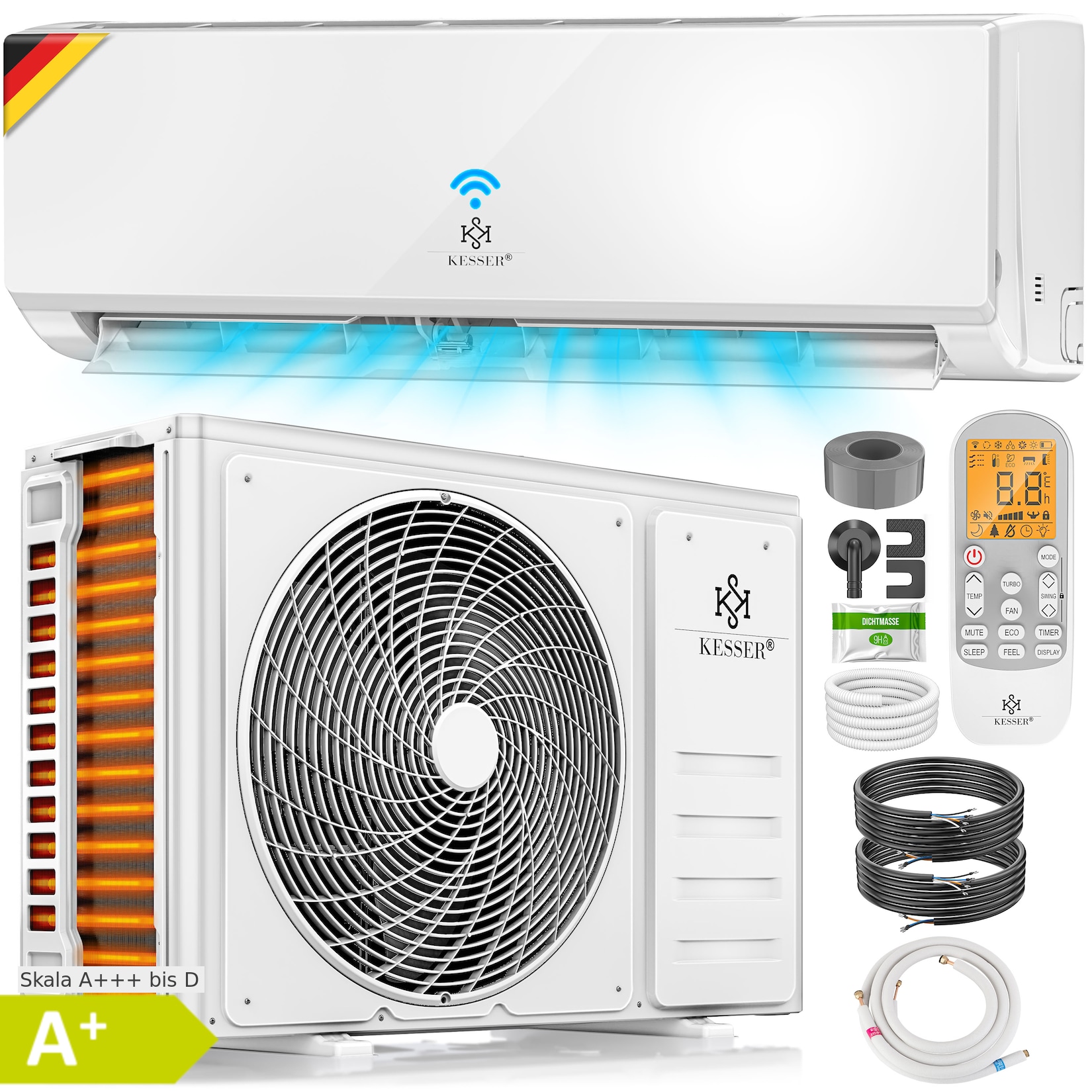 KESSER® Klimaanlage Set Split, WiFi/App Funktion Klimagerät, Kühlen A++/Heizen A+, sehr leise, Kältemittel R32, Fernbedienung, Timerfunktion, Montagematerial