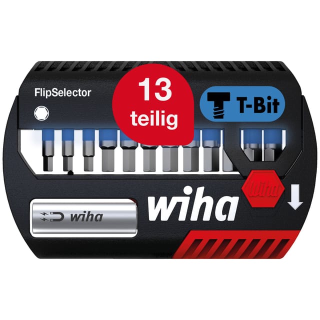 Wiha Bit Set FlipSelector 13-tlg. I T-Bit 25 mm, Sechskant 1/4" C6,3 I magnetischer Bithalter I Impact- & Schlagschrauber geeignet (41825)