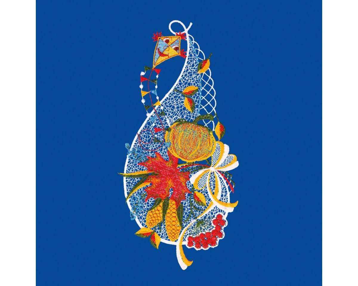 W. Reuter & Sohn - Plauener Spitze® Fensterbild Fensterbild "Kürbis mit Drachen" farbig