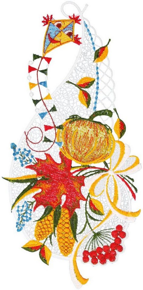 W. Reuter & Sohn - Plauener Spitze® Fensterbild Fensterbild "Kürbis mit Drachen" farbig Bild 2