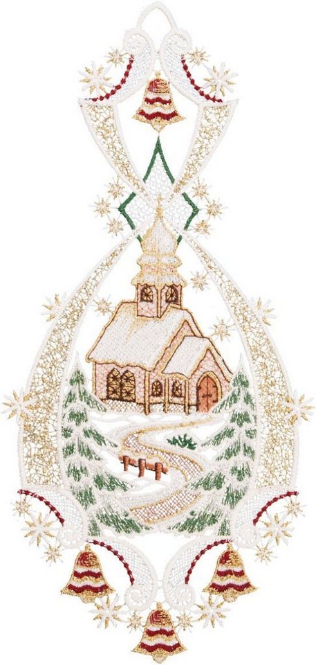 W. Reuter & Sohn - Plauener Spitze® Fensterbild Landschaft Kirche, Made in Germany Bild 2