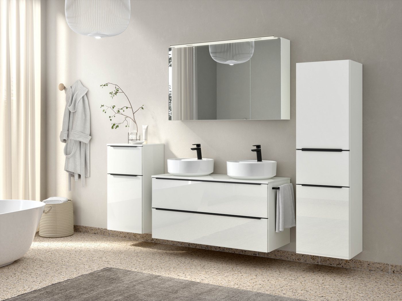 nobilia® Badmöbel-Set Alvene, (2-St., vormontiert, mit Soft-Close), inkl. Spiegelschrank mit Beleuchtung und Dimmerfunktion, in 4 Breiten