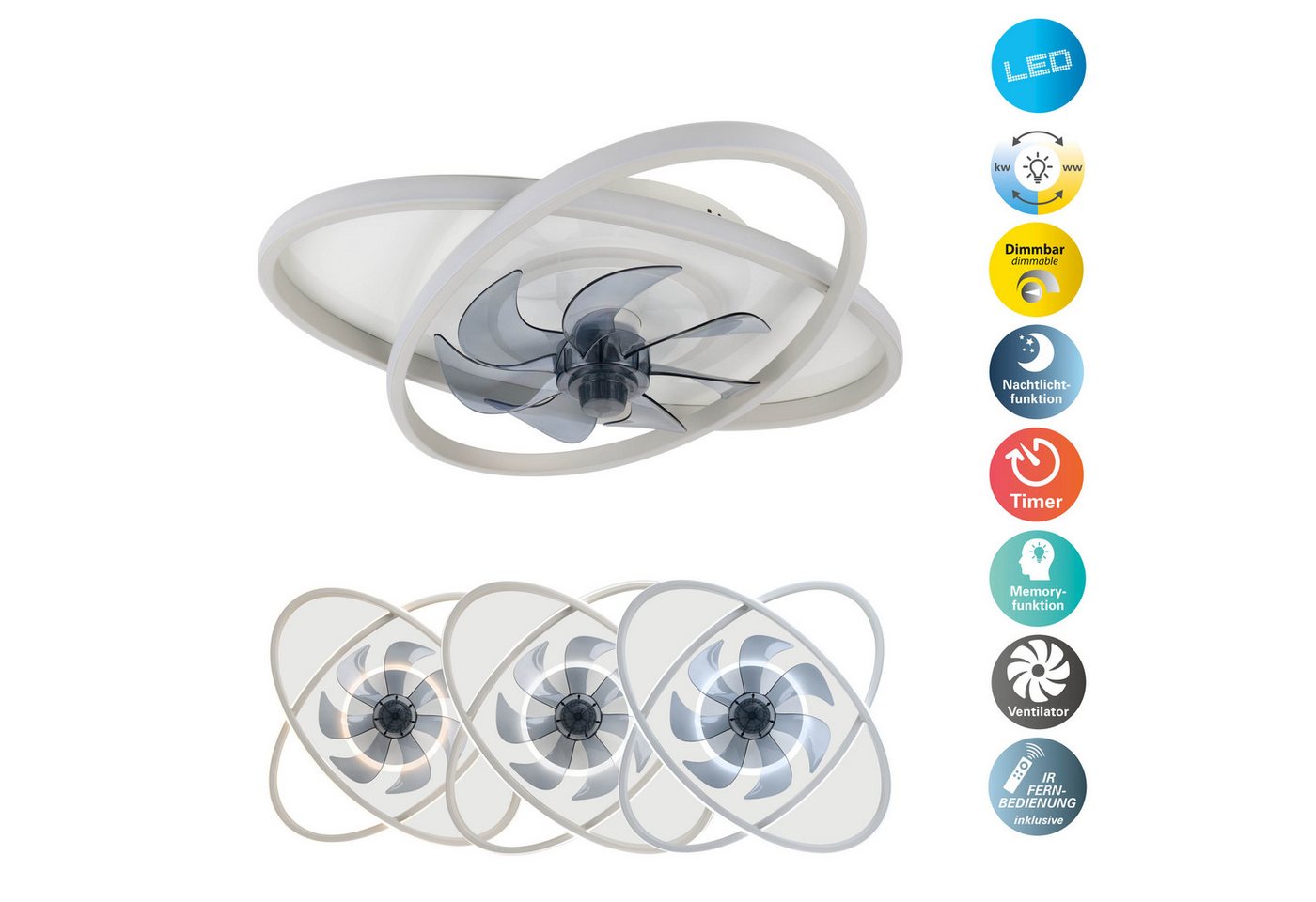 OTTO home LED Deckenleuchte Lunnee Deckenventilator, CCT - über Fernbedienung, Dimmfunktion, Fernbedienung, Infrarot inkl., Memoryfunktion, Nachtlichtfunktion, Ventilatorfunktion, mehrere Helligkeitsstufen, LED wechselbar, warmweiß - kaltweiß, Ventilator, Dimmbar per IR-Fernbedienung, CCT, Memory, Nachtlicht Bild 3