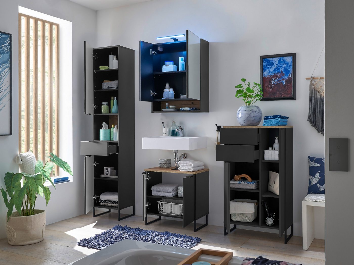 moebel-dich-auf Badmöbel-Set Aspen 60, (Set 1, Komplett-Set, 4-St., Hochschrank, Spiegelschrank, Wbu, Highboard), Softclose