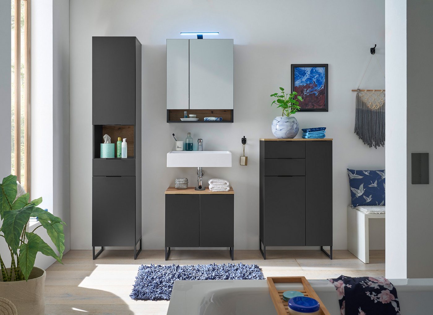 moebel-dich-auf Badmöbel-Set Aspen 60, (Set 1, Komplett-Set, 4-St., Hochschrank, Spiegelschrank, Wbu, Highboard), Softclose Bild 4