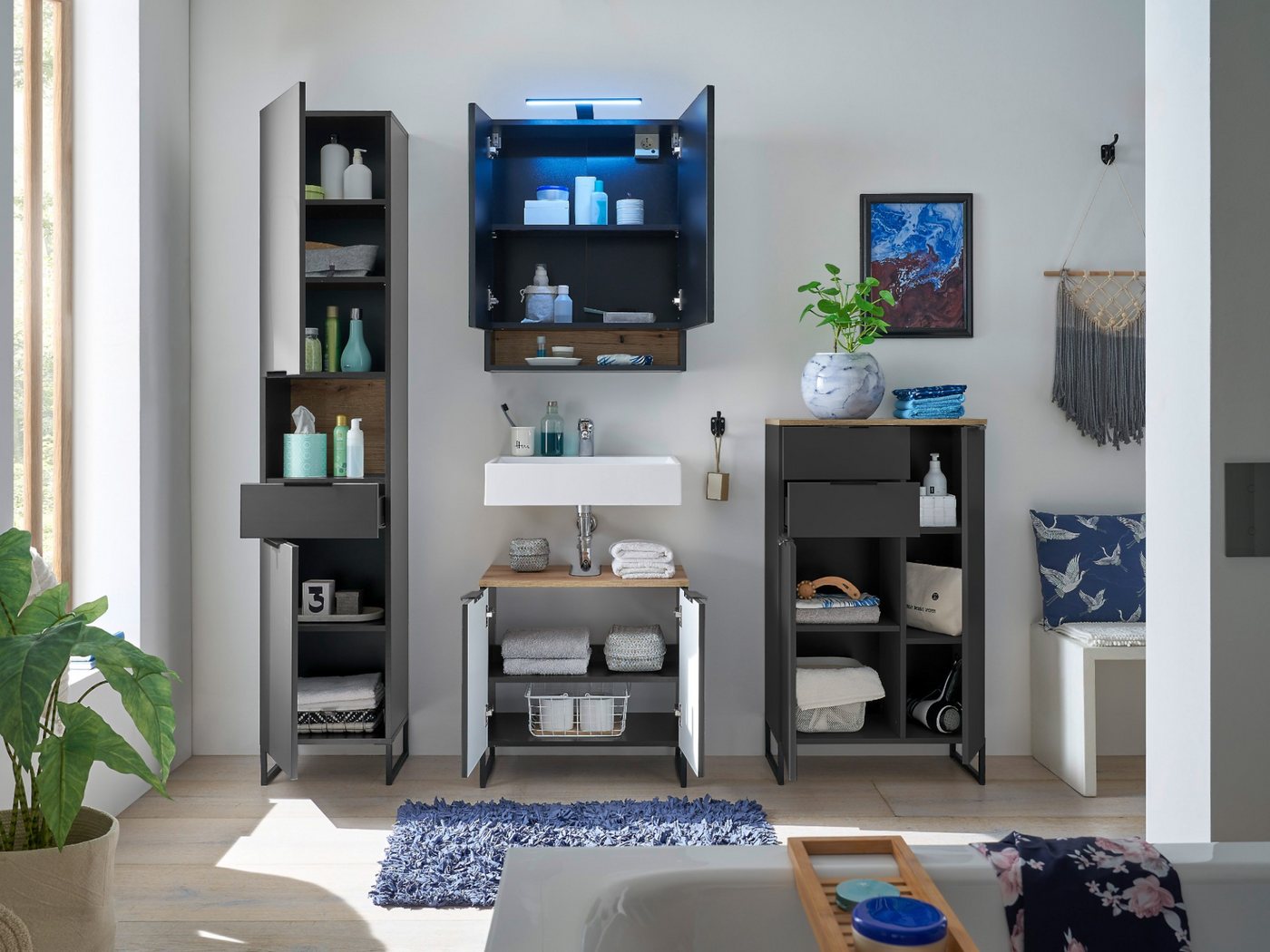 moebel-dich-auf Badmöbel-Set Aspen 60, (Set 1, Komplett-Set, 4-St., Hochschrank, Spiegelschrank, Wbu, Highboard), Softclose Bild 5