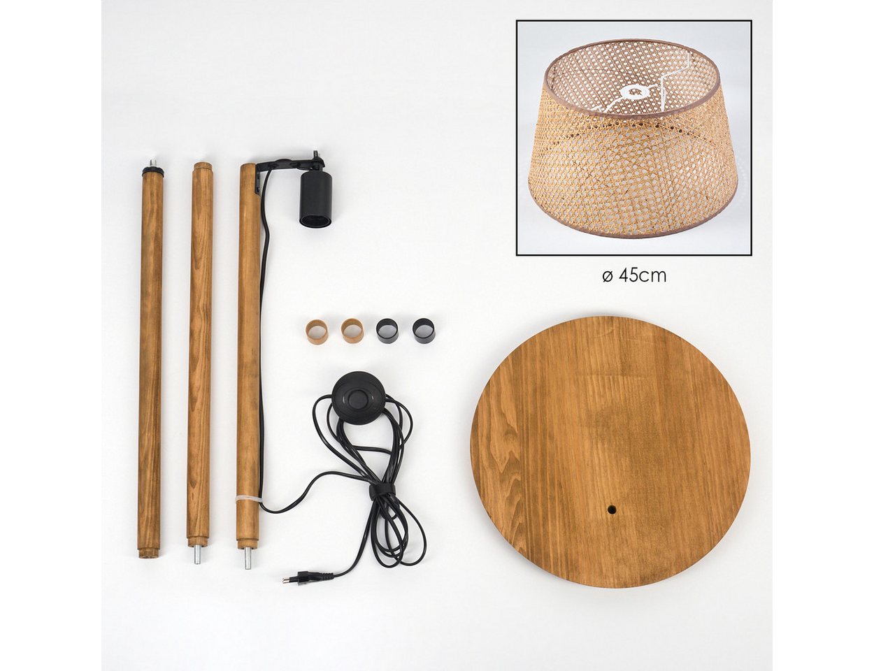 hofstein Stehlampe Stehlampe mit Holzfuß und Schirm aus Rattan/Wienergeflecht, ohne Leuchtmittel, Boho-Style, skandinavisches Design (45 cm), Fußschalter, 1 x E27