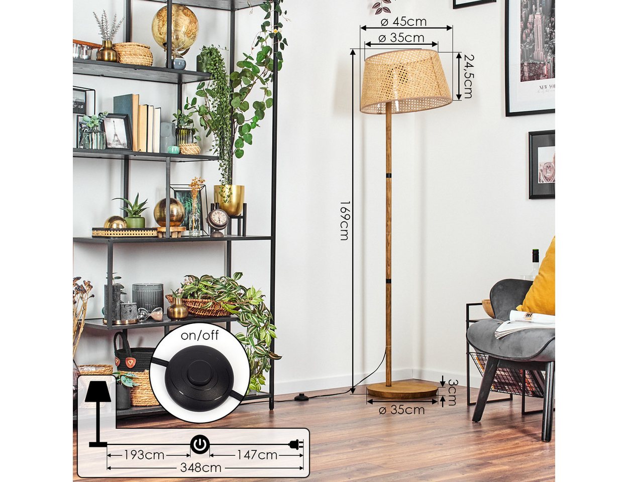 hofstein Stehlampe Stehlampe mit Holzfuß und Schirm aus Rattan/Wienergeflecht, ohne Leuchtmittel, Boho-Style, skandinavisches Design (45 cm), Fußschalter, 1 x E27 Bild 3