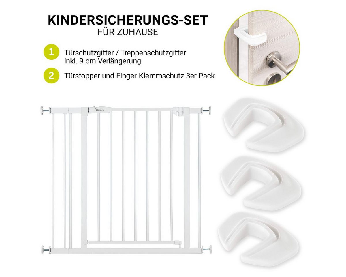 Hauck Türschutzgitter Open N Stop 2 - White, Treppenschutzgitter Set mit Verlängerung & 3x Klemmschutz ohne Bohren Bild 2