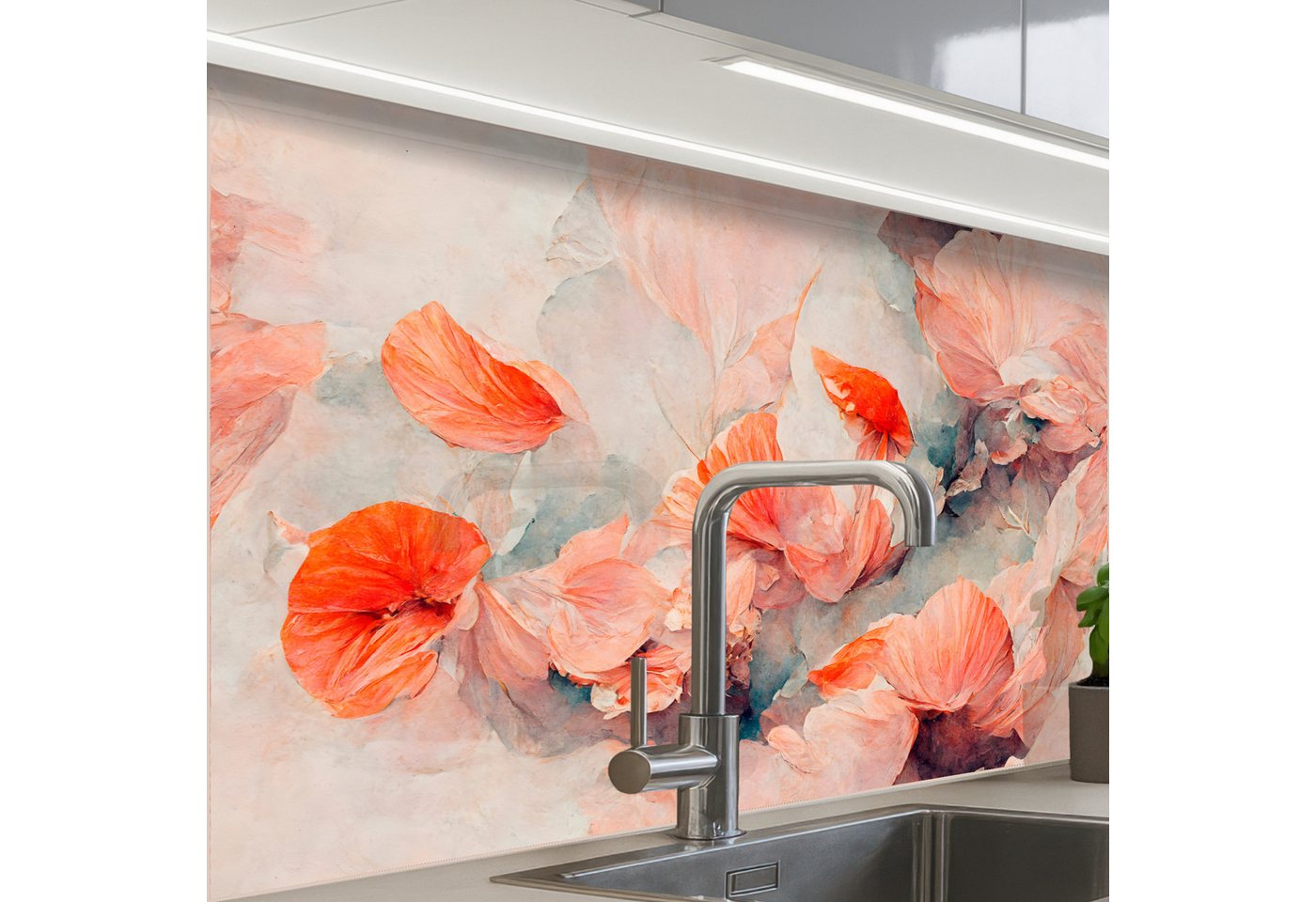KitchenYeah Küchenrückwand Muster selbstklebend (keine Folie) Blumen - Blätter - Pflanzen - Rosa, (1-tlg), Spritzschutz, Küche, Rückwand, Küchenwand, Küchenfront, 30x20 cm