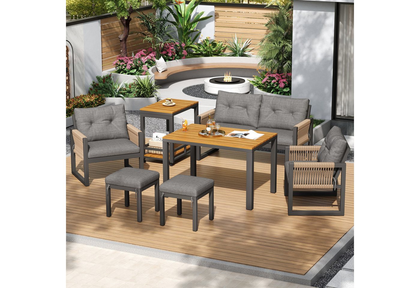 KLAM HOME Gartenlounge-Set Modernes Outdoor-Sofa-Set Grau/Natur, (Gartenmöbel mit Eisengestell & geflochtenen Armlehnen), Multifunktionaler abnehmbarer Tisch inkl. Kissen