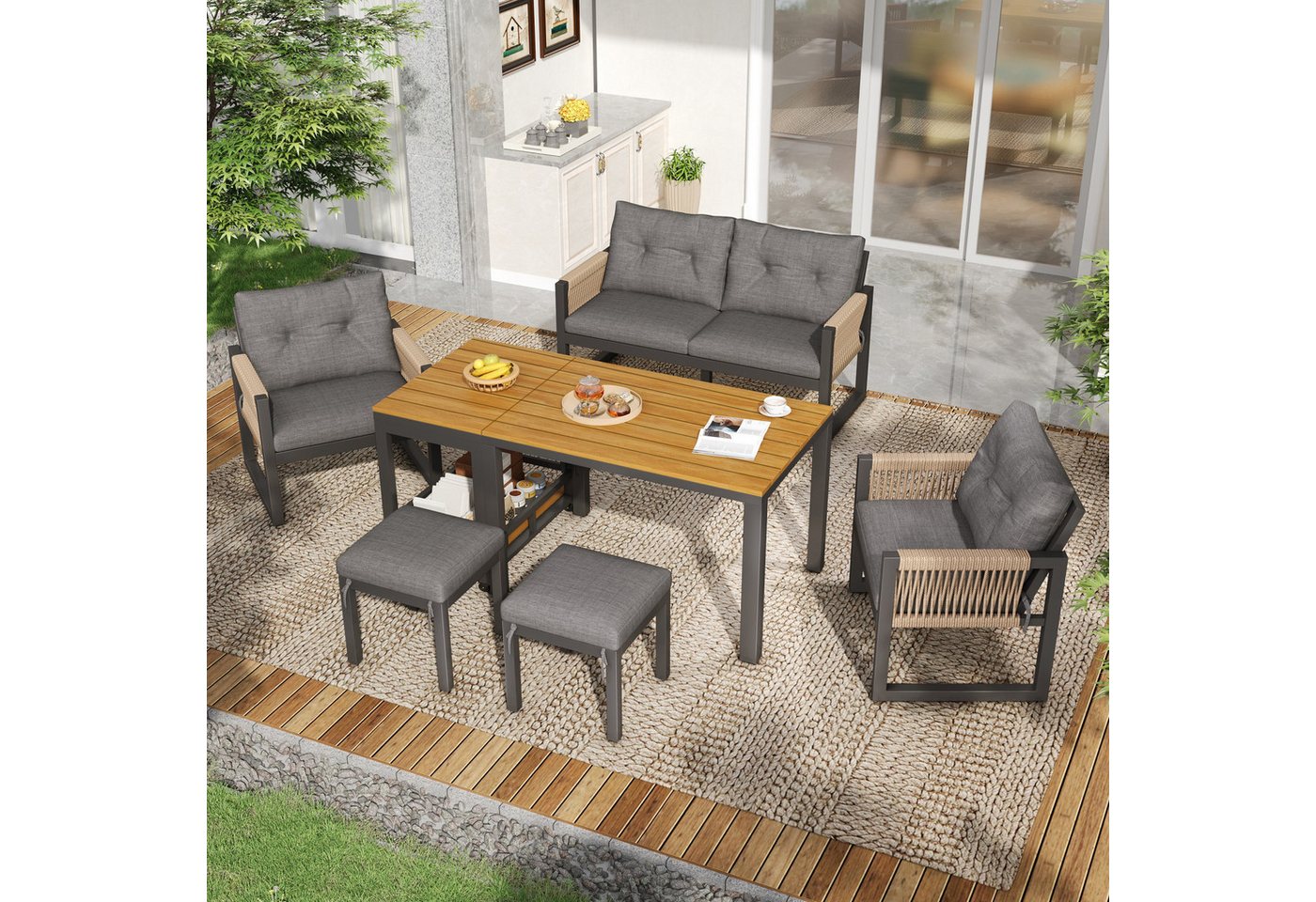 KLAM HOME Gartenlounge-Set Modernes Outdoor-Sofa-Set Grau/Natur, (Gartenmöbel mit Eisengestell & geflochtenen Armlehnen), Multifunktionaler abnehmbarer Tisch inkl. Kissen Bild 2