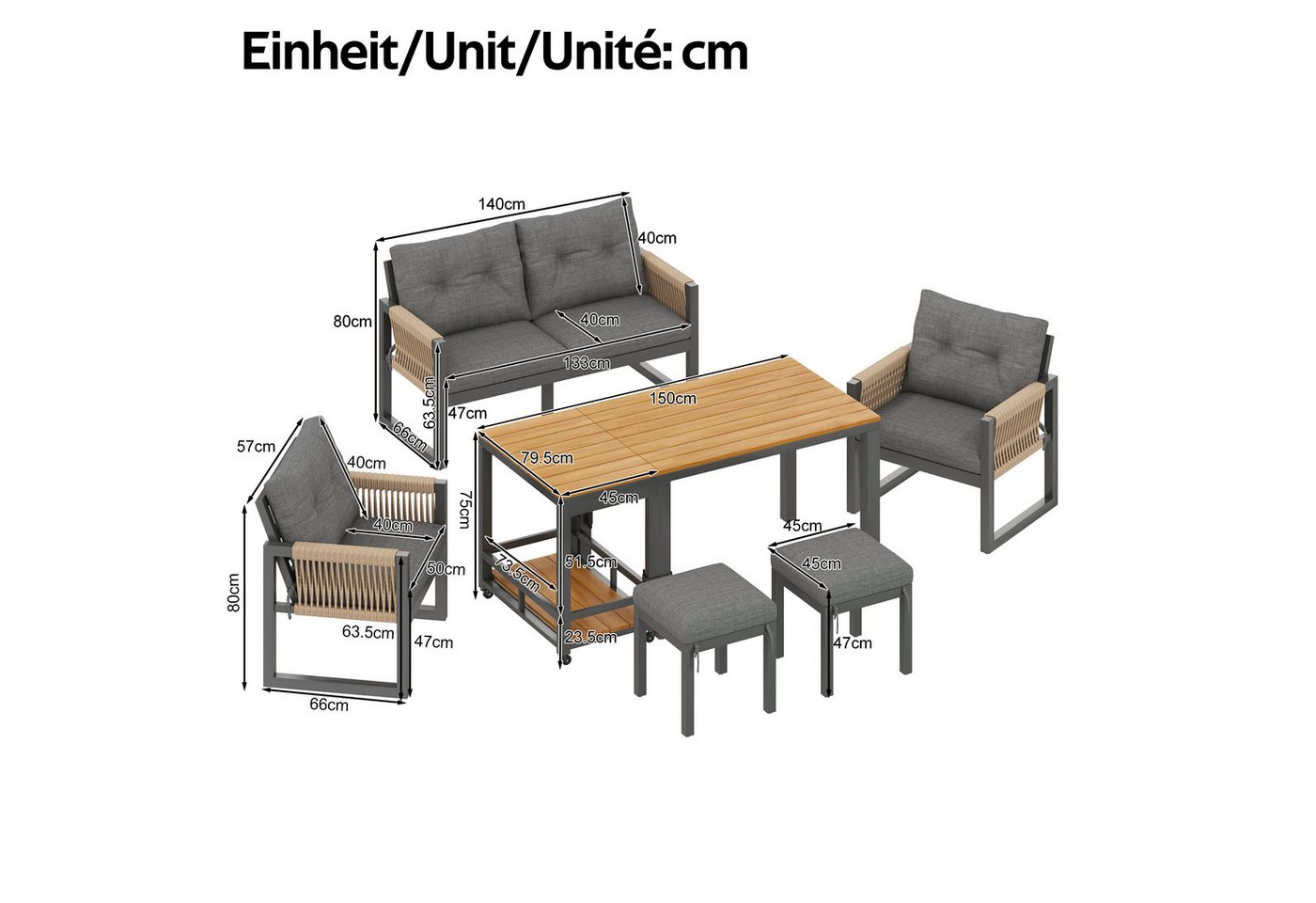 KLAM HOME Gartenlounge-Set Modernes Outdoor-Sofa-Set Grau/Natur, (Gartenmöbel mit Eisengestell & geflochtenen Armlehnen), Multifunktionaler abnehmbarer Tisch inkl. Kissen Bild 3