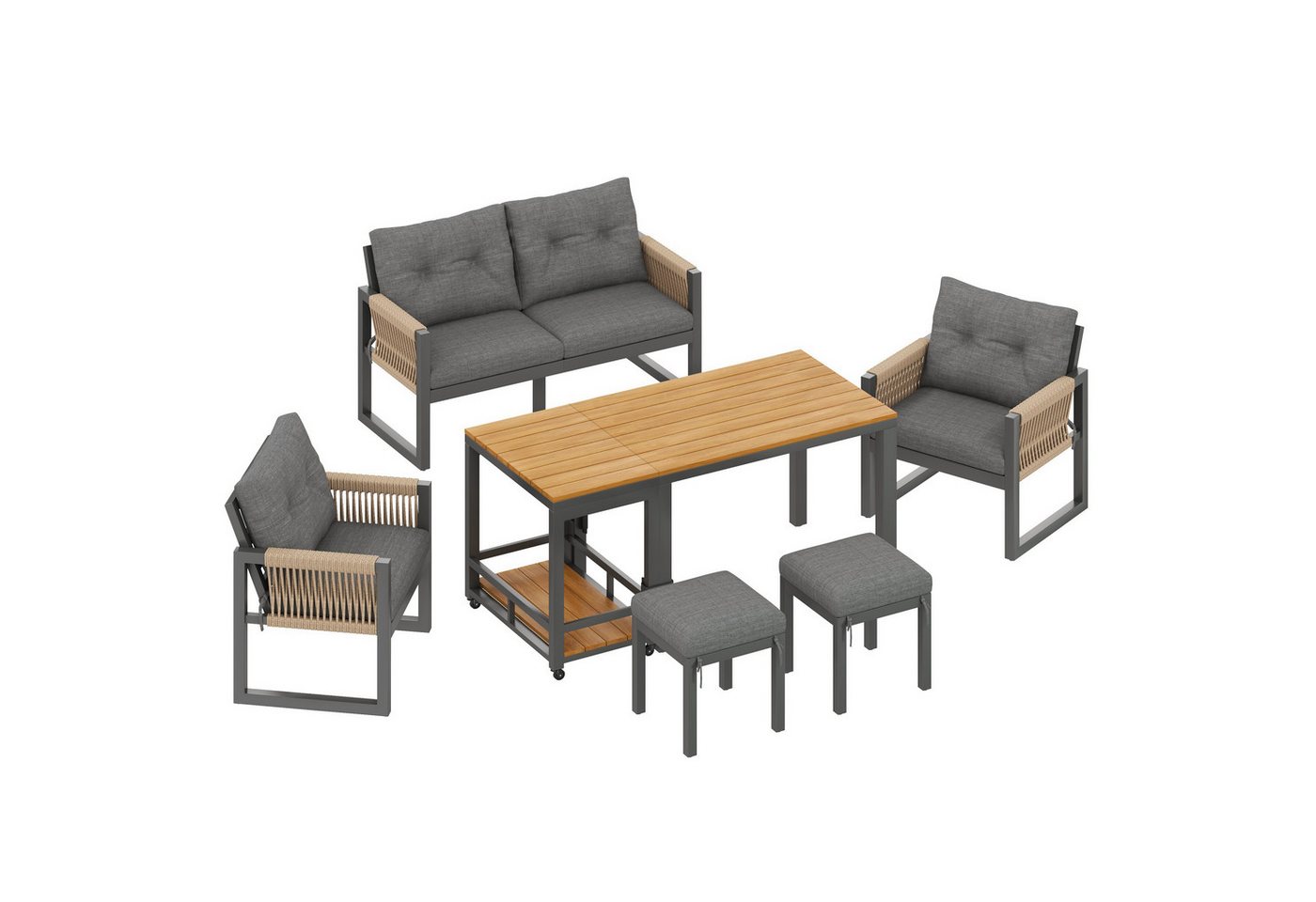 KLAM HOME Gartenlounge-Set Modernes Outdoor-Sofa-Set Grau/Natur, (Gartenmöbel mit Eisengestell & geflochtenen Armlehnen), Multifunktionaler abnehmbarer Tisch inkl. Kissen Bild 4