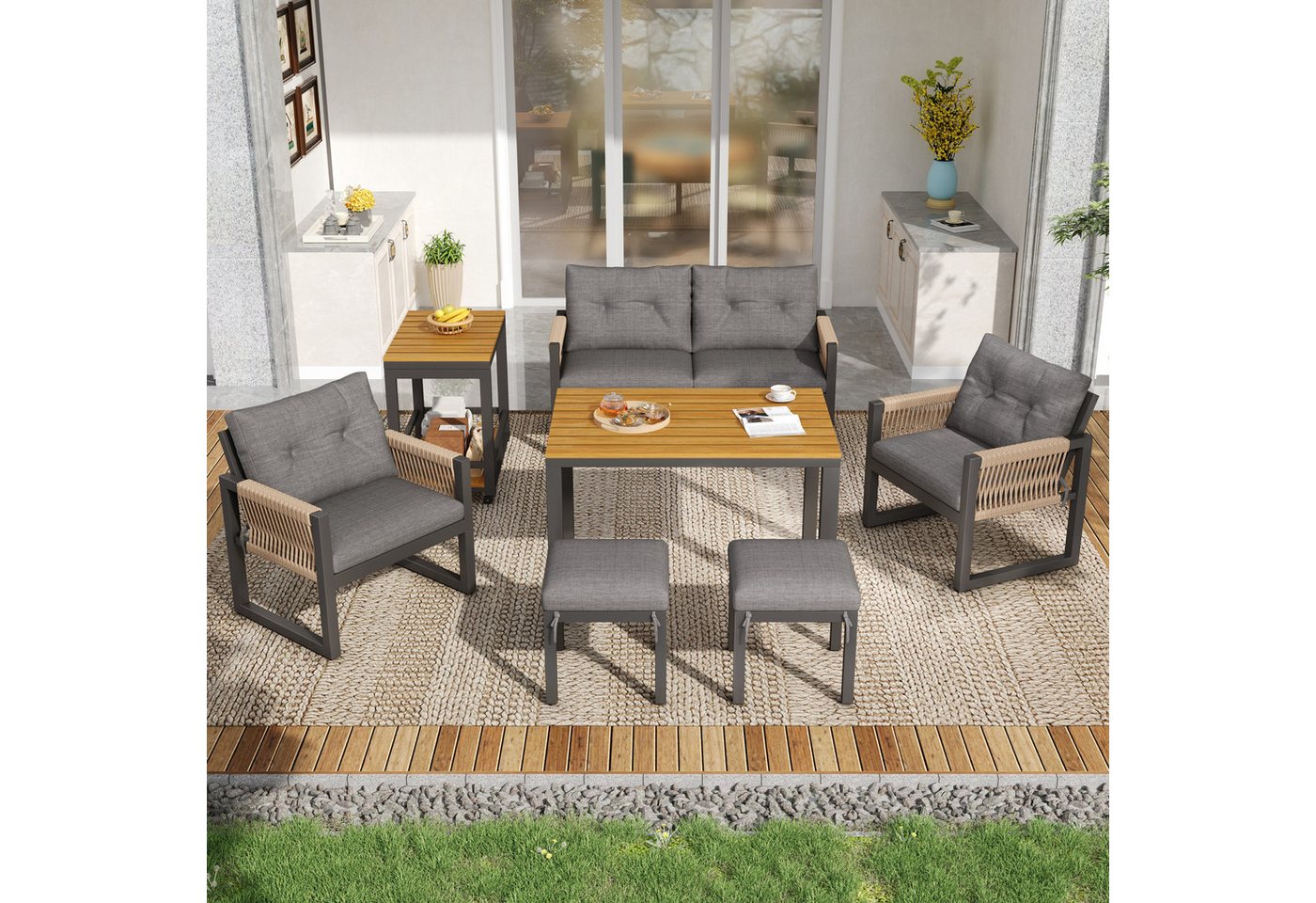 KLAM HOME Gartenlounge-Set Modernes Outdoor-Sofa-Set Grau/Natur, (Gartenmöbel mit Eisengestell & geflochtenen Armlehnen), Multifunktionaler abnehmbarer Tisch inkl. Kissen Bild 5