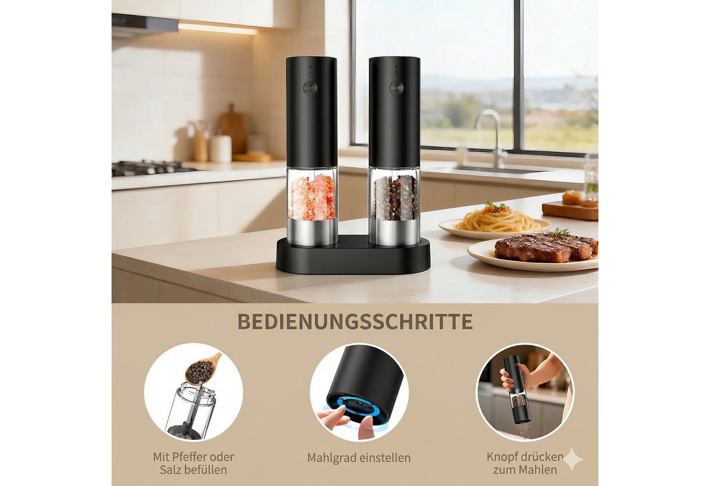 Forrlite Pfeffermühle Pfeffermühle elektrisch, Gewürzmühle elektrisch 2er Set (Wiederaufladbar, LED Beleuchtung, mit einstellbarem Keramikmahlwerk, Reinigungsbürste Bürste), Einhandbedienung, Mahlgrad Einstellbar