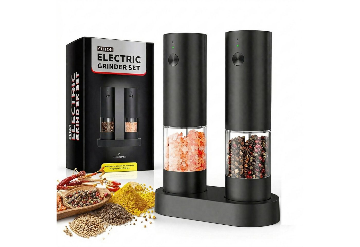 Forrlite Pfeffermühle Pfeffermühle elektrisch, Gewürzmühle elektrisch 2er Set (Wiederaufladbar, LED Beleuchtung, mit einstellbarem Keramikmahlwerk, Reinigungsbürste Bürste), Einhandbedienung, Mahlgrad Einstellbar Bild 2