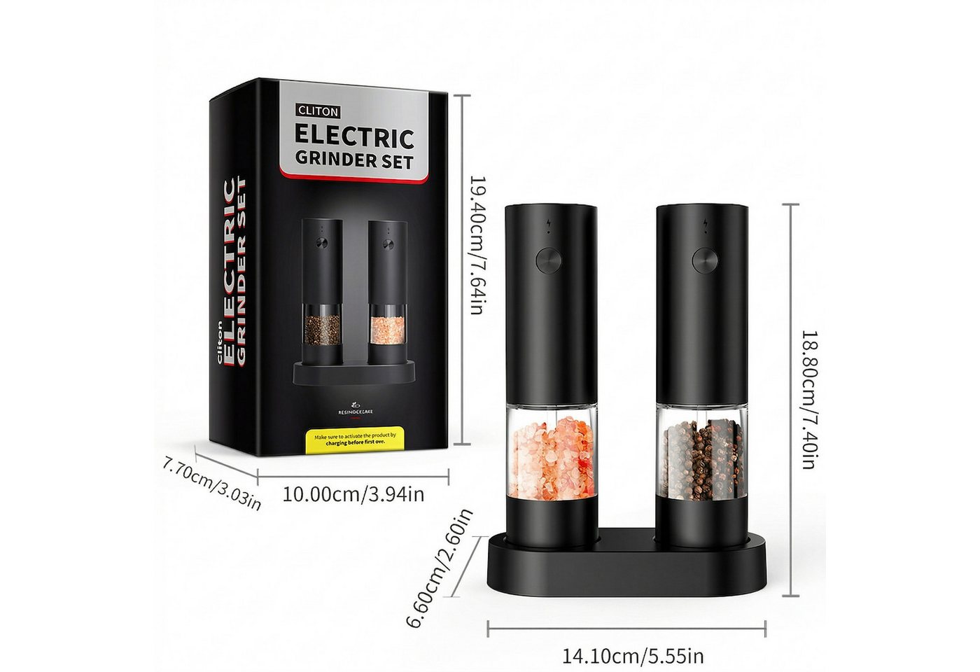 Forrlite Pfeffermühle Pfeffermühle elektrisch, Gewürzmühle elektrisch 2er Set (Wiederaufladbar, LED Beleuchtung, mit einstellbarem Keramikmahlwerk, Reinigungsbürste Bürste), Einhandbedienung, Mahlgrad Einstellbar Bild 3