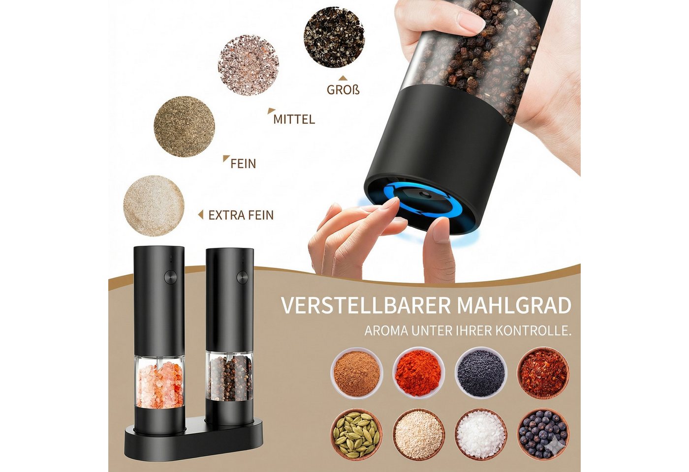 Forrlite Pfeffermühle Pfeffermühle elektrisch, Gewürzmühle elektrisch 2er Set (Wiederaufladbar, LED Beleuchtung, mit einstellbarem Keramikmahlwerk, Reinigungsbürste Bürste), Einhandbedienung, Mahlgrad Einstellbar Bild 4